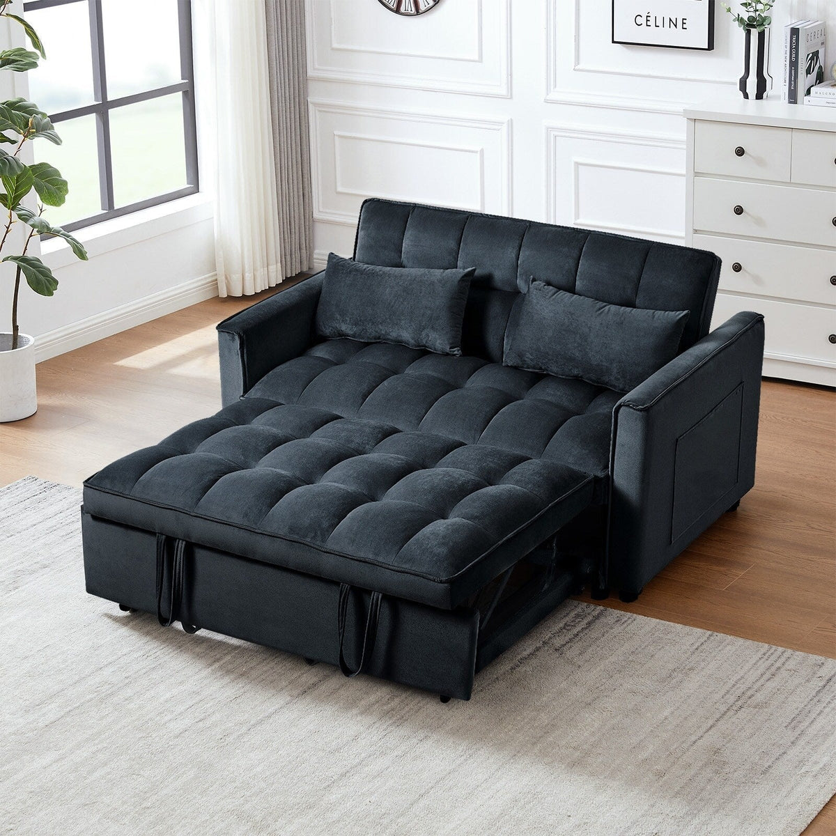 Modernes Schlafsofa zum Ausziehen, 3-in-1 Schlafsofa mit verstellbarer Rückenlehne, Samt-Zweisitzer, Kissen & Seitentaschen