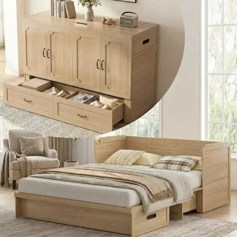 Mjkone Queen Size Wandelbares Murphy-Schrankbett mit USB-Ladefunktion, Schubladen, keine Matratze enthalten