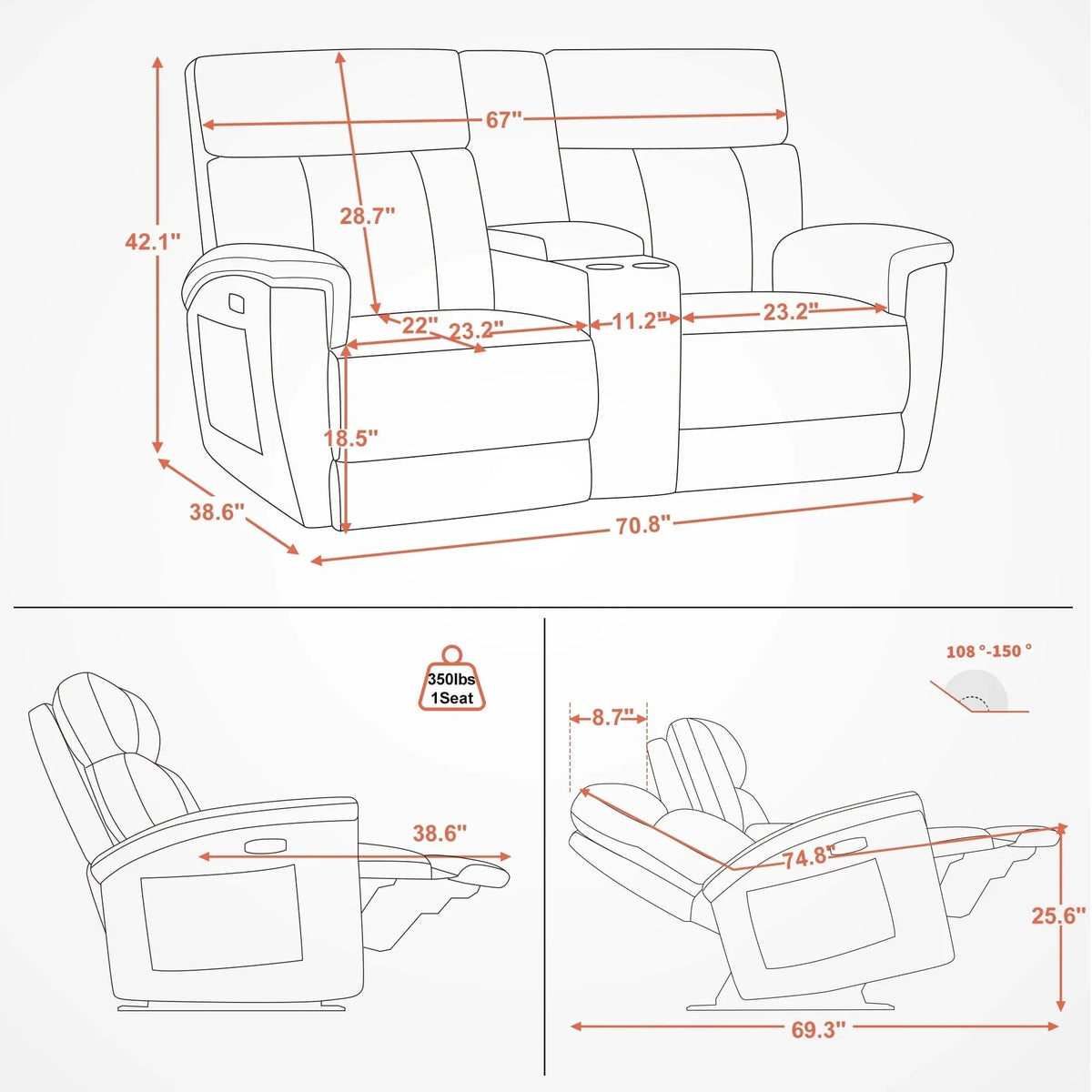 MCombo 60.2 Power Loveseat Relaxsofa mit Massage und zweifacher Heizung, verstellbarer Kopfstütze, USB- & Typ-C-Anschluss, Stoff