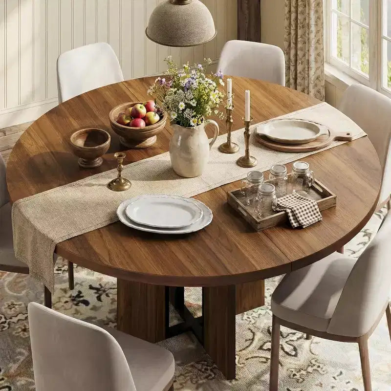 Ausziehbarer runder Esstisch 47-63 für 4-8 Personen, aus Bauernholz, ausziehbarer Küchentisch mit Metallrahmen, oval und platzsparend für Apartments, Retro-Grau