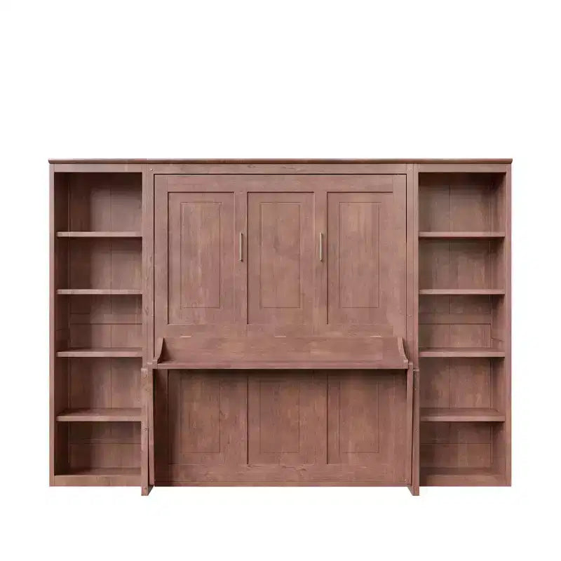 Wandklappbett für Doppel-/Queensize-Betten, platzsparendes Wandbett mit Schreibtisch und Bücherregal, Dunkelbraun – ModernLuxe