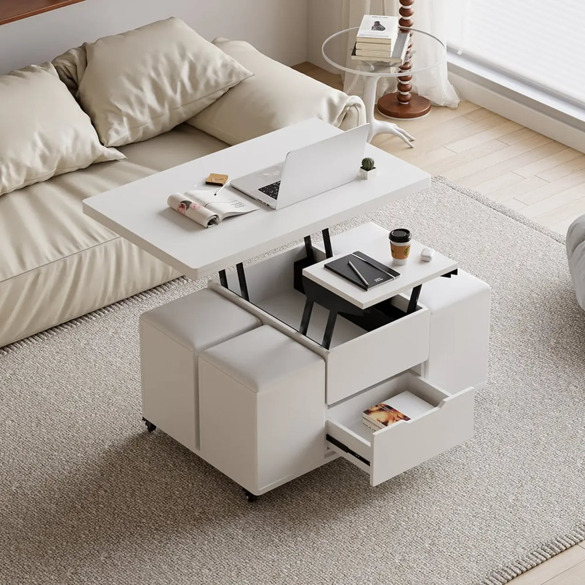 Klappbarer Couchtisch mit Liftfunktion, 4 Hockern und Stauraum