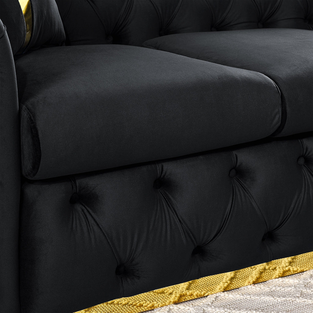 90.6 Samt-Dreisitzer-Sofa mit 2 Kissen, hochdichten Polstern, goldenen Akzenten und Kissen