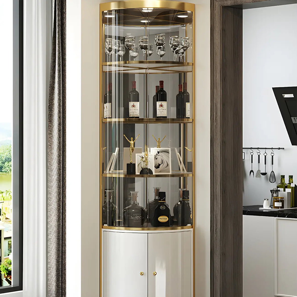 Glam Glossy Glas Gold Metall Abgerundete Display-Eckvitrine