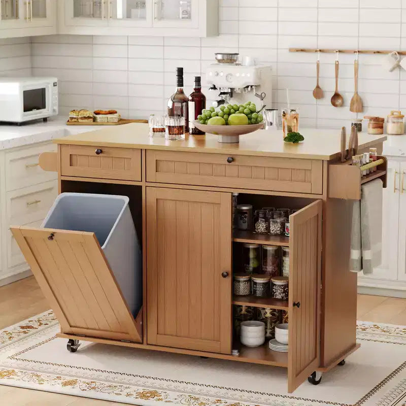 55 Mobile Kücheninsel mit Steckdose & Klappplatte, Küchenwagen Kücheninselwagen mit Müllschrank für die Küche