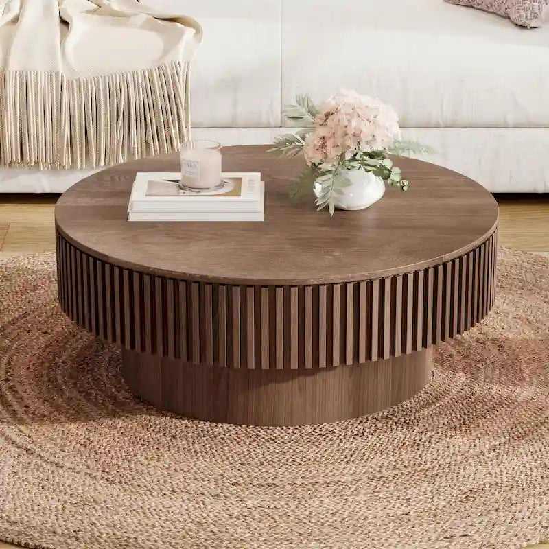 Moderner runder Couch-/Teetisch aus massivholzfurniertem Holz mit Stauraum