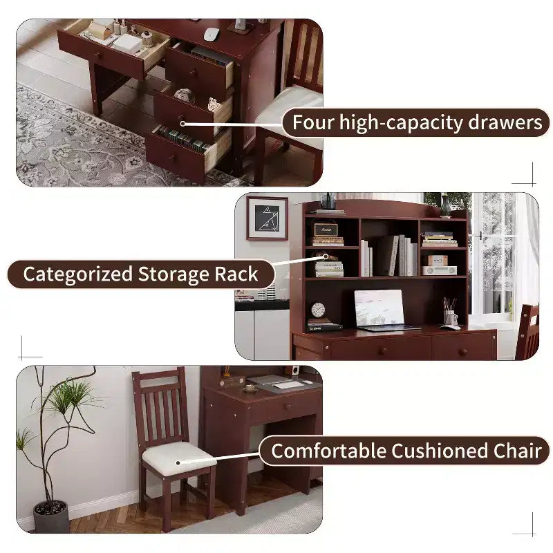 Okak Moderner Home-Office-Computertisch aus Holz mit Desktop/Stuhl & Regal, Jugend-Schüler-Schreibtisch mit Stauraum zum Lernen, Büro