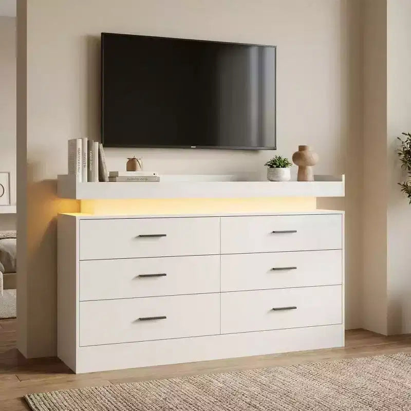 Moderner TV-Schrank mit 6 Schubladen & LED-Beleuchtung, schwebende Arbeitsplatte als Kaffeebar für Wohnzimmer Entertainment Center