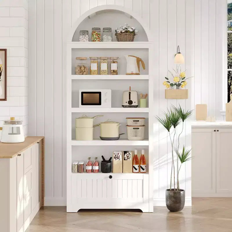 72" geschwungenes Bücherregal mit Aufbewahrungsschublade, modernes 6-stöckiges Holzregal mit offenen Fächern und unterer Schublade, gebogene Schranktür