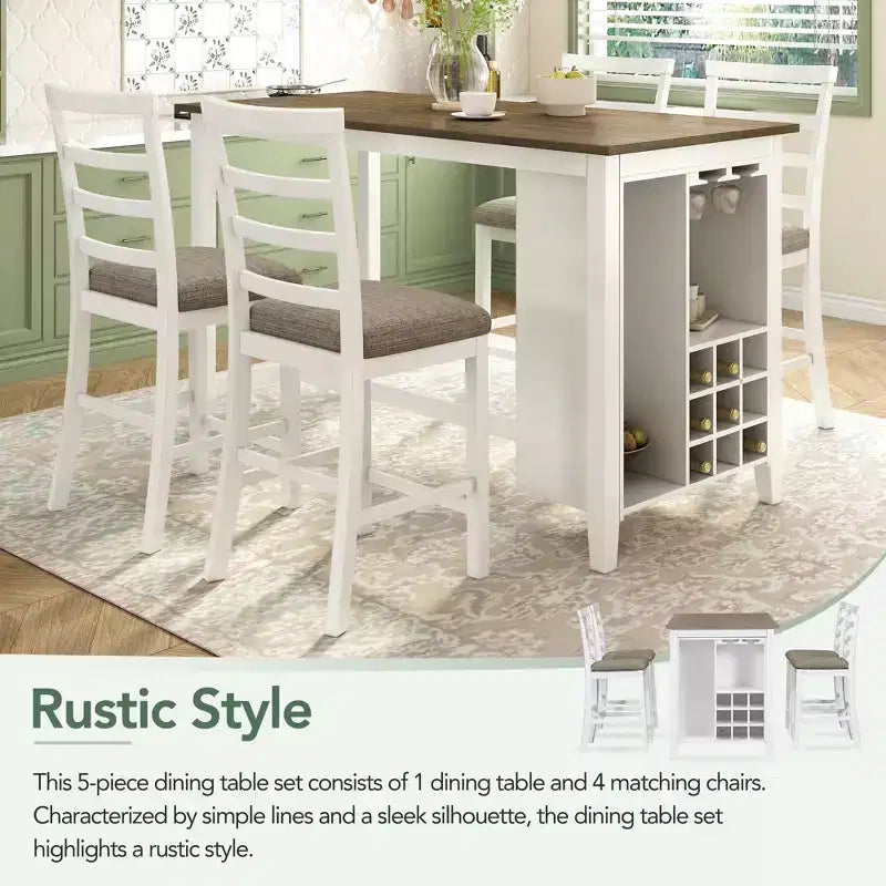 Landhaus Esstischgruppe, 5-teilig, Tresenhöhe, mit 4 Stühlen, rechteckiger Holztisch mit Ablagefächern und Barfach/Weinregal