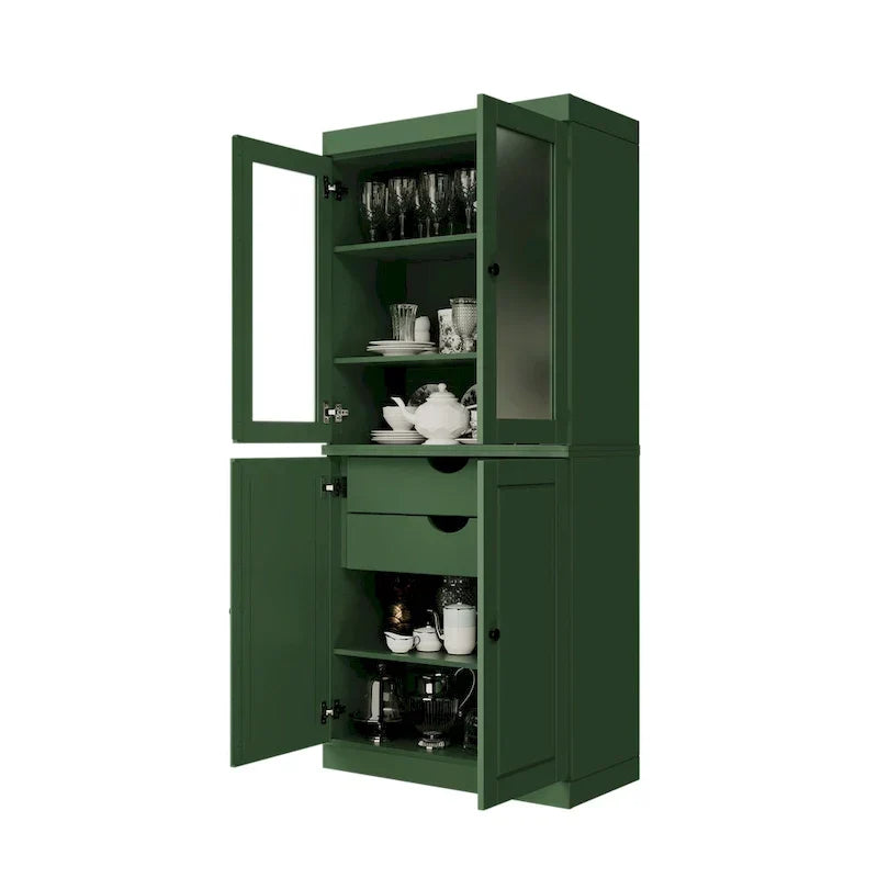 Vollholz-Vorratschrank mit Milchglastüren, Holztüren, 2 Schubladen und verstellbaren Einlegeböden