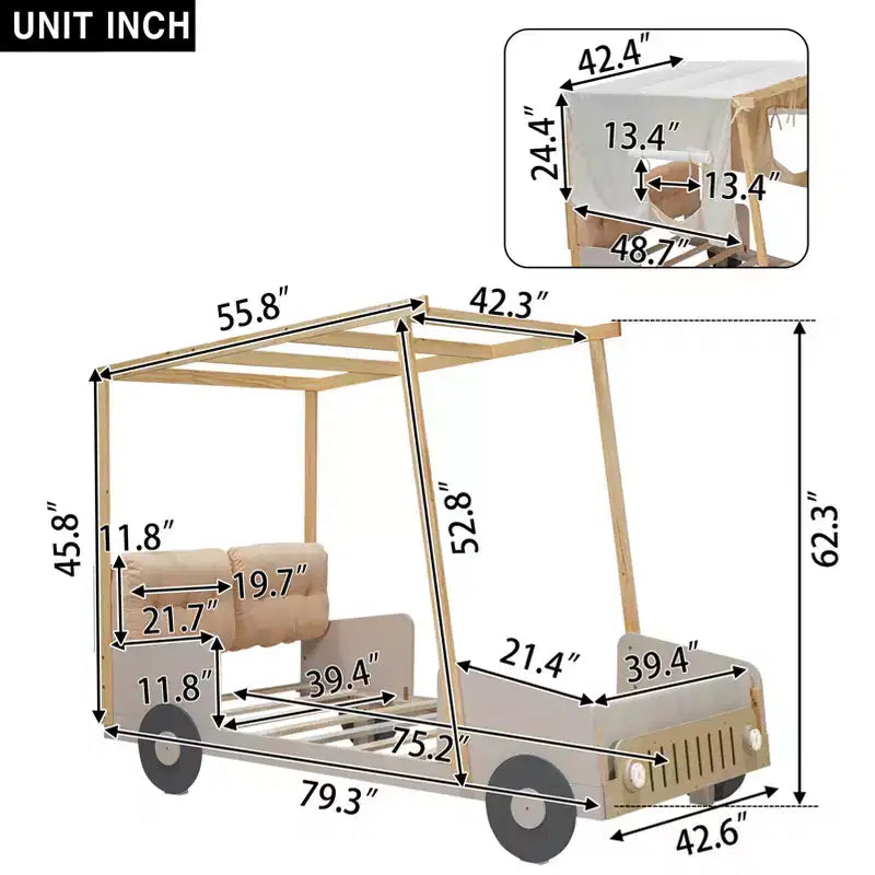 Whisen Holzauto-Bett mit Kissen, Himmelsstoff und LED – Natur