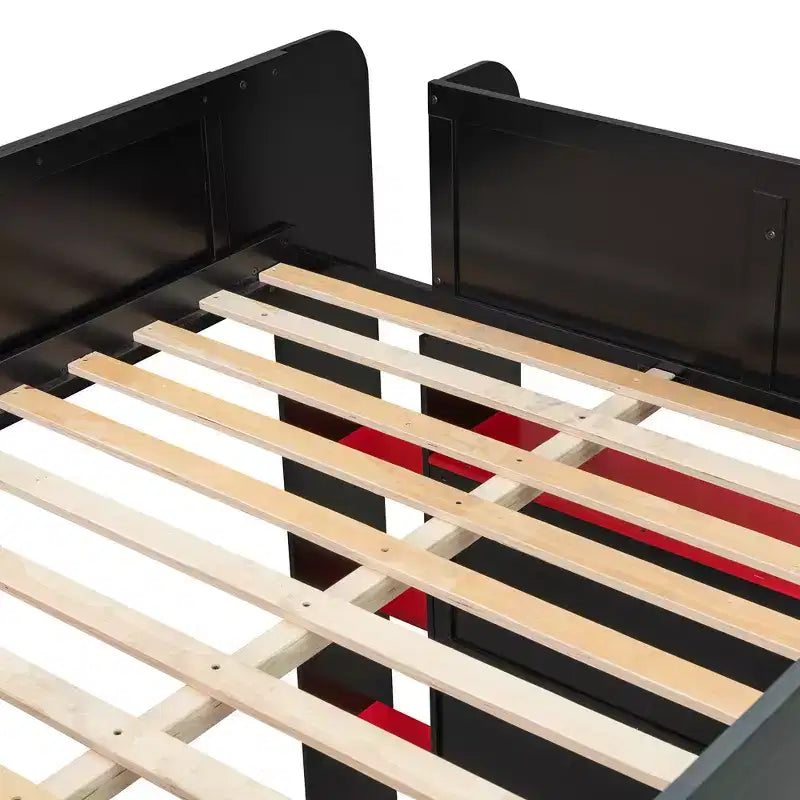 Luxystar Hochbett in voller Größe mit beleuchtetem, verstellbarem Schreibtisch, offenem Kleiderschrank und Bücherregal