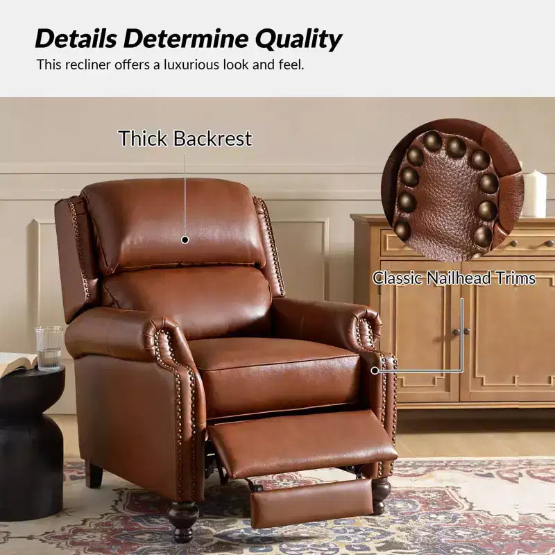 2er-Set Elisabete Modern Wingback Echtleder-Liegesessel mit Vintage-Nagelkopfleiste für Wohn- und Schlafzimmer | ART OF LIVING DESIGNS