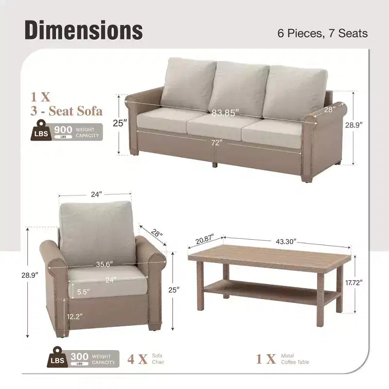 Captiva Designs 6-teiliges Luxus-Rattan-Sofa-Set für den Außenbereich mit geschwungenen Armlehnen und Kissen