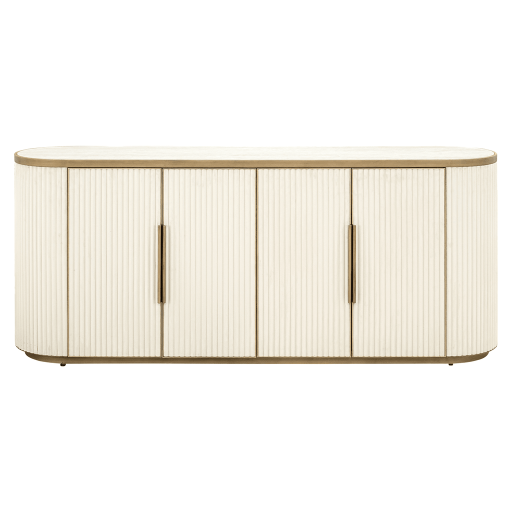 Cremefarbenes und goldfarbenes geriffeltes ovales Sideboard mit 4 Türen und Keramik-Marmorplatte