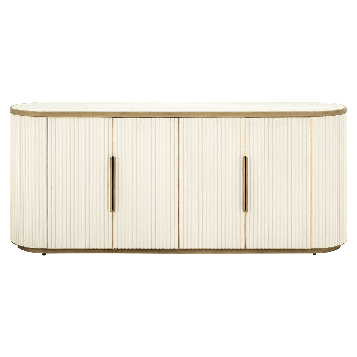 Cremefarbenes und goldfarbenes geriffeltes ovales Sideboard mit 4 Türen und Keramik-Marmorplatte