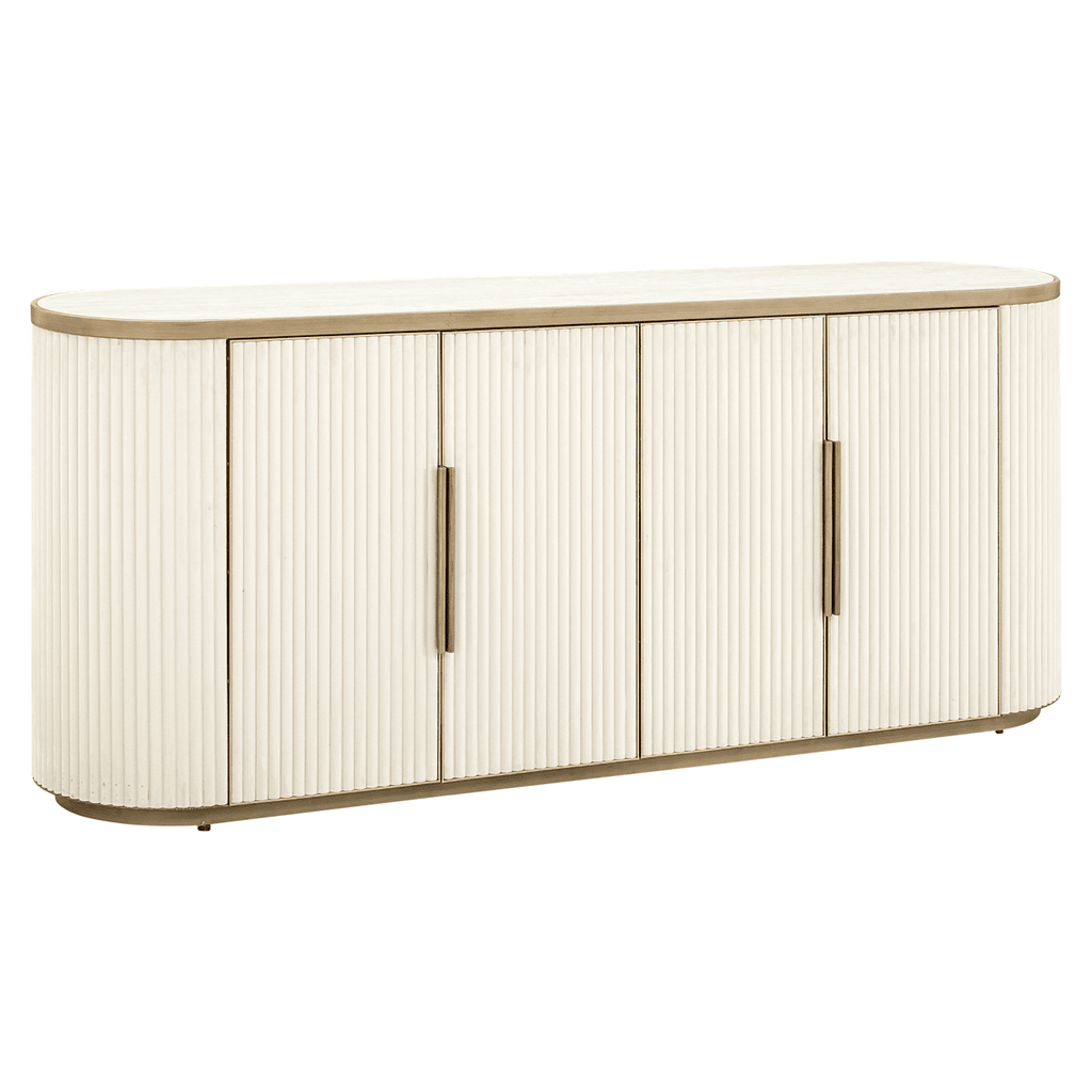 Cremefarbenes und goldfarbenes geriffeltes ovales Sideboard mit 4 Türen und Keramik-Marmorplatte