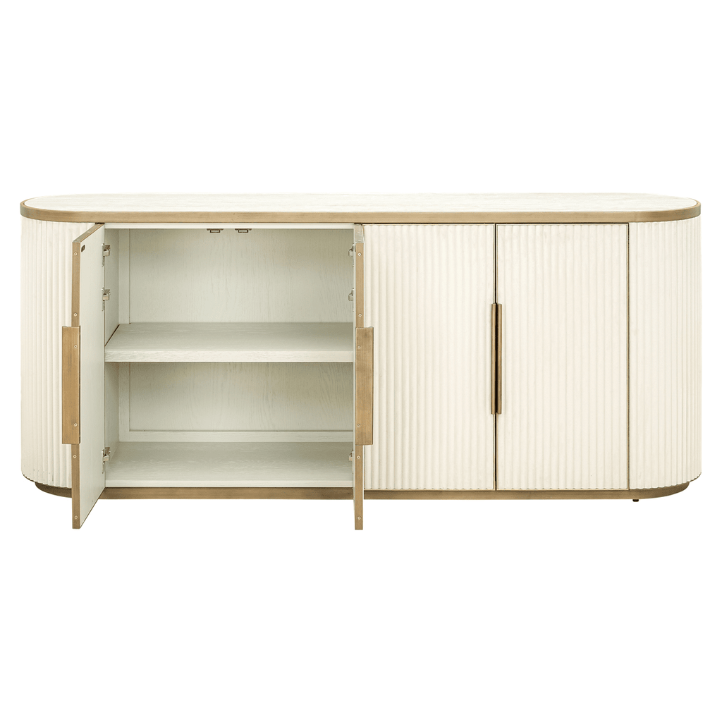 Cremefarbenes und goldfarbenes geriffeltes ovales Sideboard mit 4 Türen und Keramik-Marmorplatte