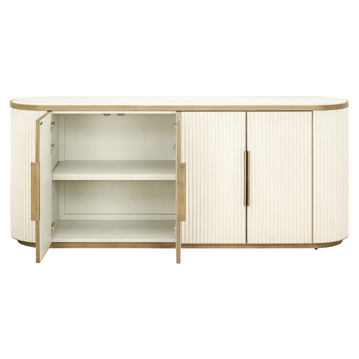 Cremefarbenes und goldfarbenes geriffeltes ovales Sideboard mit 4 Türen und Keramik-Marmorplatte