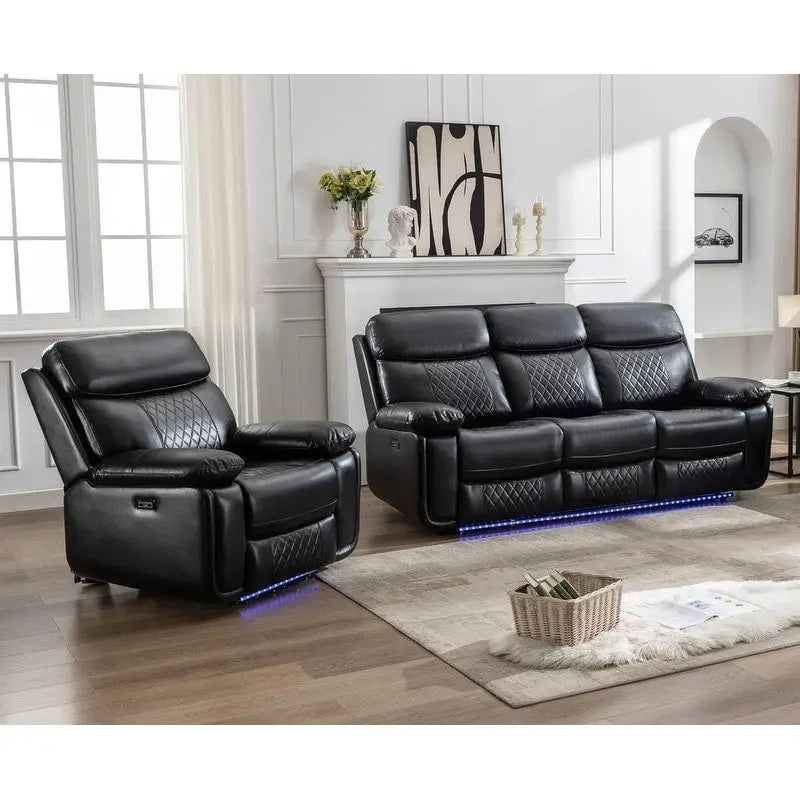 Elektrisches Liegesofa mit kabelloser Ladestation, Leselampe, LED-Beleuchtung für Wohnzimmer, Kunstleder, AC-/USB-Anschluss, Getränkehalter, Schwarz