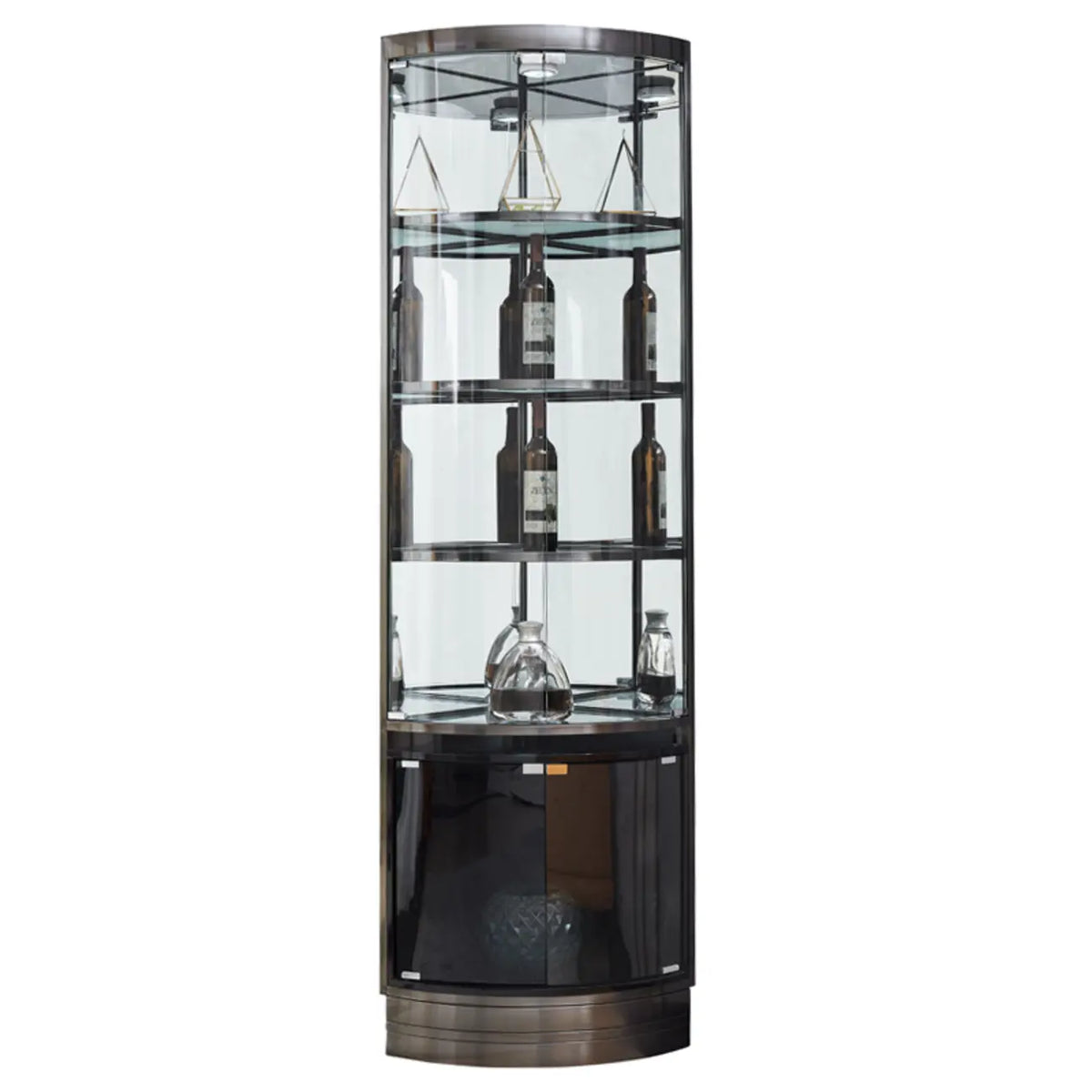 Eck-Weinregal aus Glas und Metall mit mehreren Ablageflächen