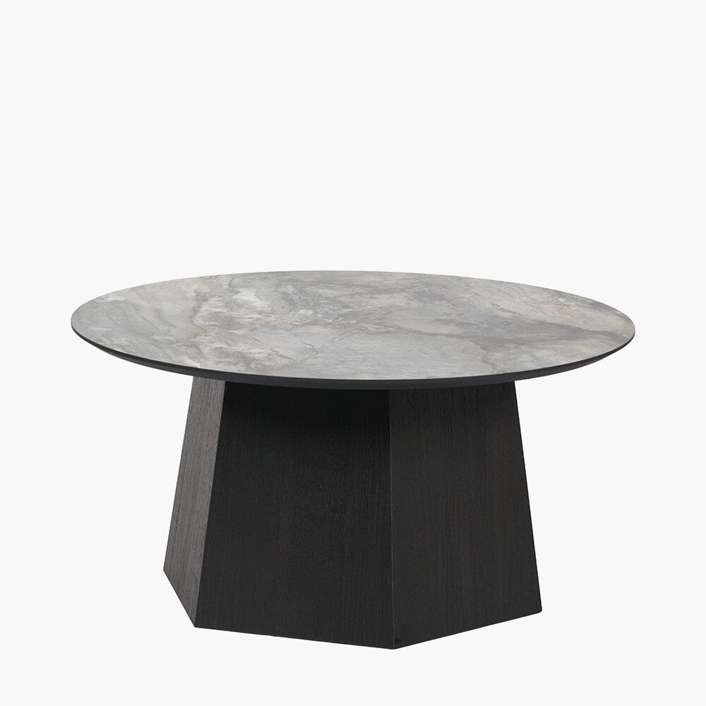Dunkelbrauner Couchtisch aus Holz mit Marmoroptikplatte