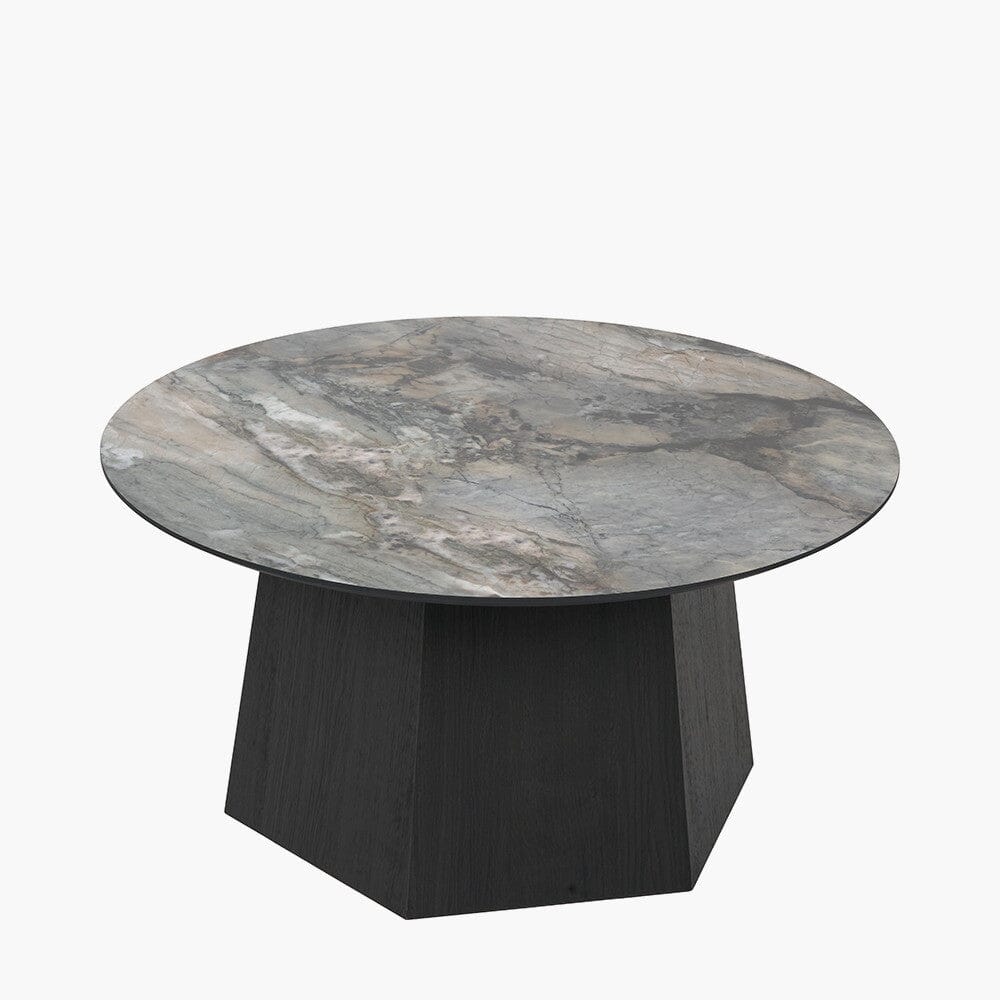 Dunkelbrauner Couchtisch aus Holz mit Marmoroptikplatte