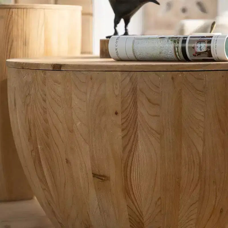 Runder Aufbewahrungs-Couchtisch im Retro-Stil aus Holz, geeignet für Wohnzimmer, Esszimmer oder Büro.