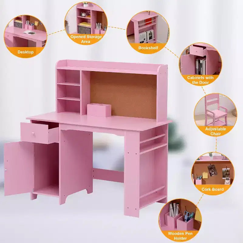 Kinderschreibtisch, Schreibtisch- und Stuhlset für Jungen und Mädchen, Holzkinder-Schreibtisch mit Bücherregal, Pinnwand, Schrank und Schublade für Kinder von 3-8 Jahren
