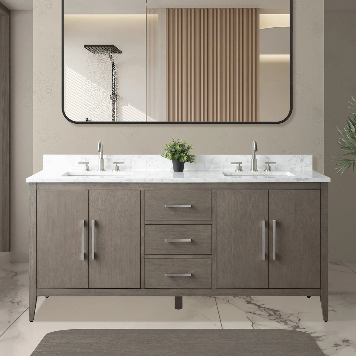 Vanity Art 72 Zoll Badezimmer-Waschtischunterschrank mit Doppelwaschbecken und Kunstmarmorplatte