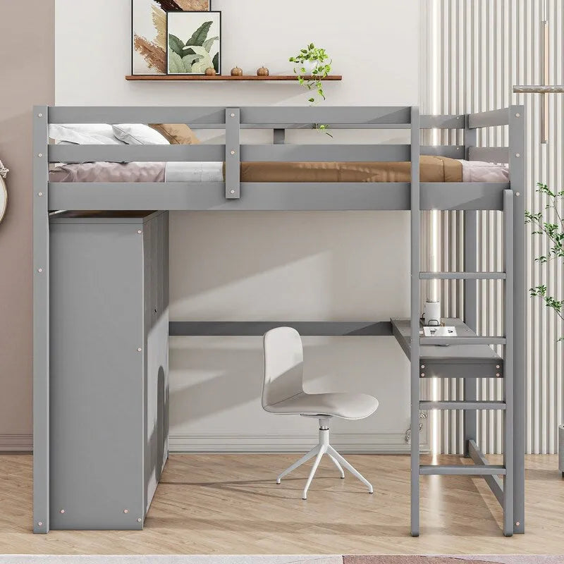 Vollholz-Hochbett mit integriertem Kleiderschrank, Schreibtisch, Ablagefächern und Schubladen