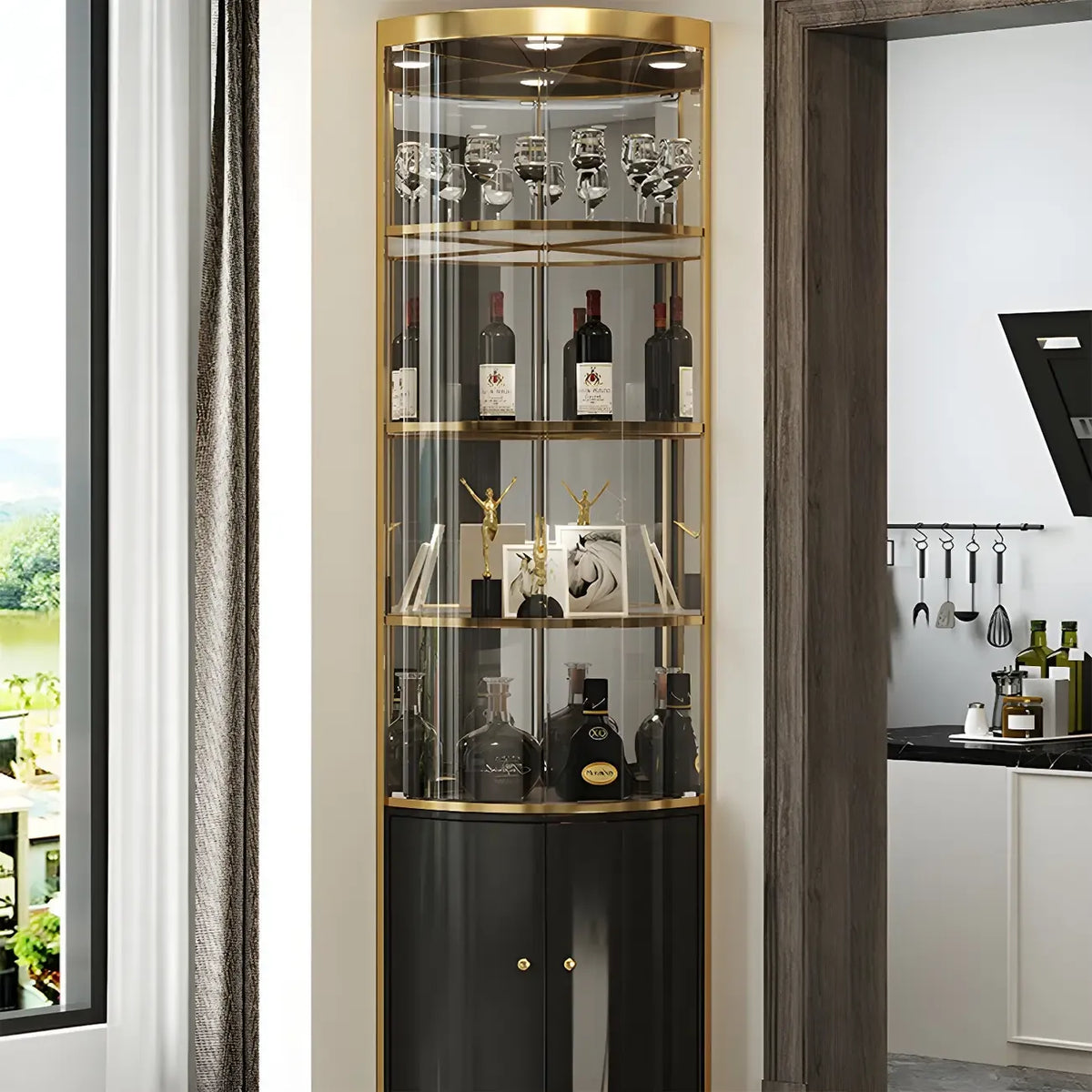 Glam Glossy Glas Gold Metall Abgerundete Display-Eckvitrine