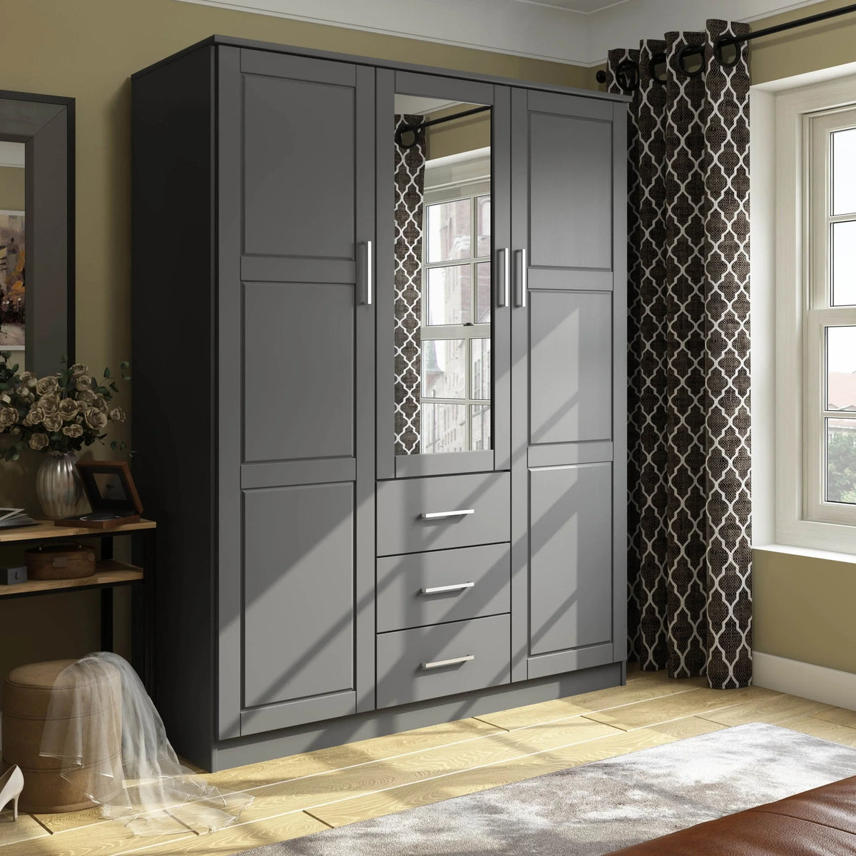 Palace Imports 100% Massivholz Cosmo Kleiderschrank mit 3 Türen mit Massivholz- oder Spiegeltüren