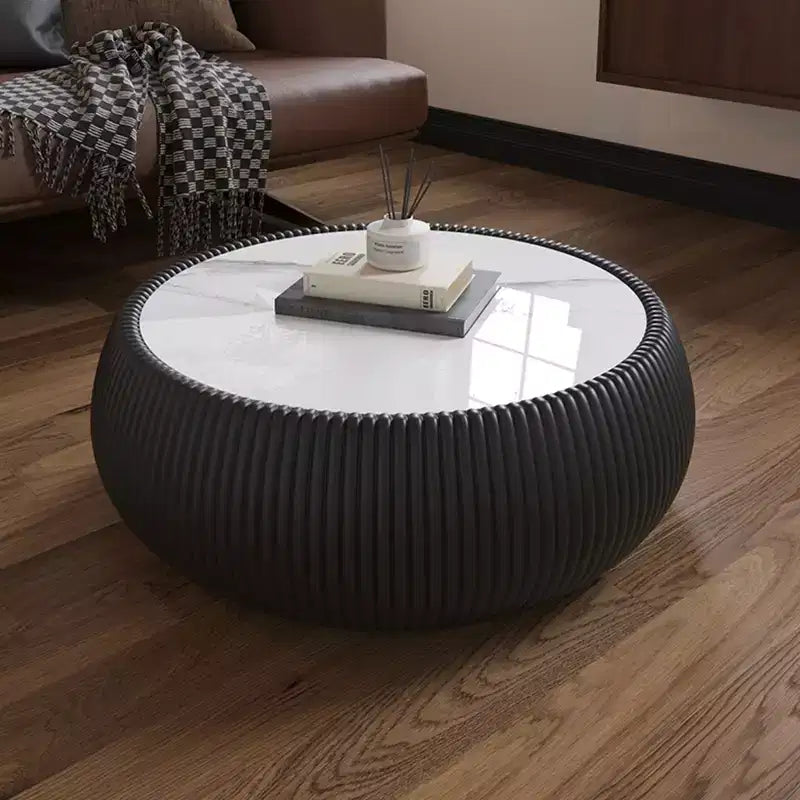 Okak Moderner runder Trommel Couchtisch mit Marmorplatte und Lederseite, Modischer Beistelltisch für Wohnzimmer, Schlafzimmer