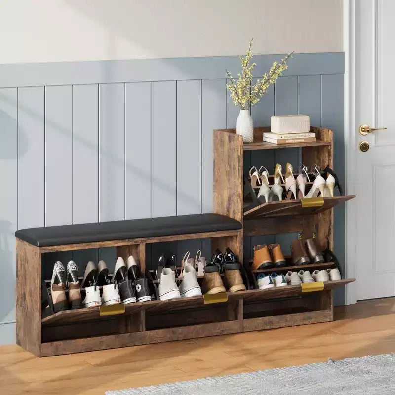 Bauernhaus-Schuhschrank mit Sitzbank, 4 Klappfächer, Schuhaufbewahrung im Eingangsbereich mit gepolstertem Sitz, freistehende Schuhregalbank
