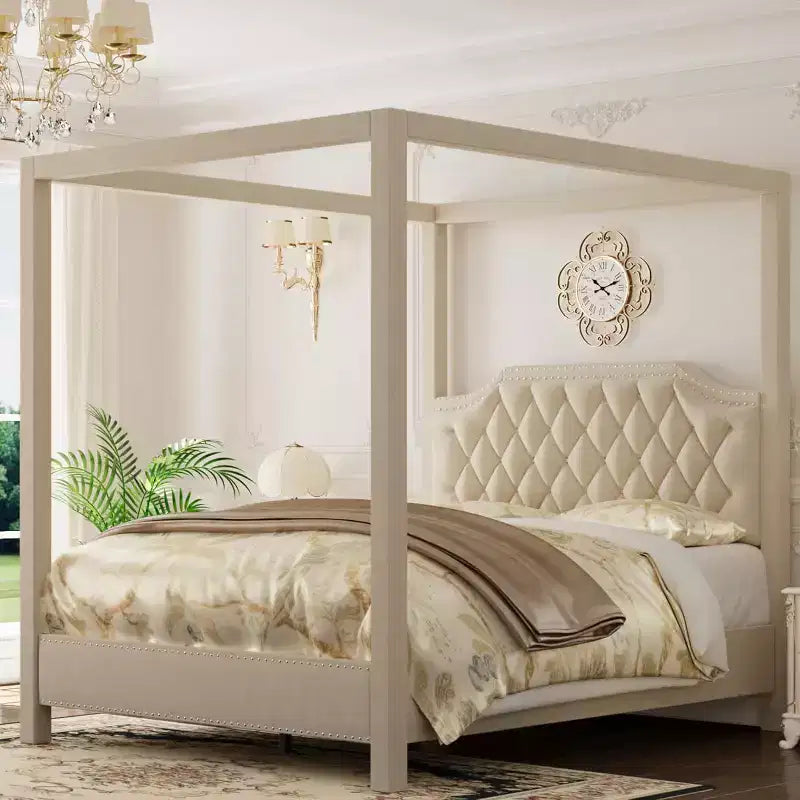 Queen-Size-Himmelbettgestell mit Pfosten, 4-Eck-Bettrahmen, Massivholzlattenrost, kein Boxspringbett erforderlich, geräuschfrei