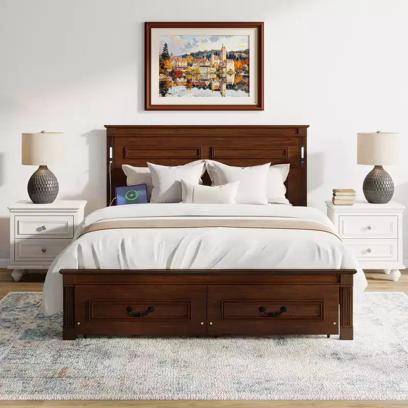 ModernLuxe Bettrahmen für Queensize-/Kingsize-Betten mit hohem Kopfteil, rustikales Holzbettgestell mit 2 Schubladen, LED-Beleuchtung und USB-Anschlüssen