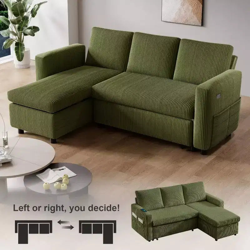 Dyonery 2-in-1 Schlafsofa ausziehbar mit Stauraum-Recamiere, Cord-Ecksofa mit USB-Anschlüssen für das Wohnzimmer