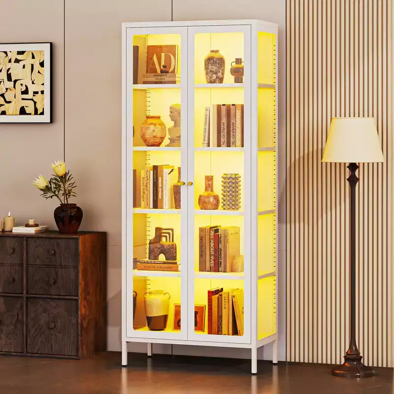 Bekrvio 67H Vitrine mit 3-seitigem Glas und LED-Beleuchtung, 5-Lagen-Aufbewahrung mit Doppeltüren und Metallrahmen für Sammlerstücke, ideal für kleine Räume