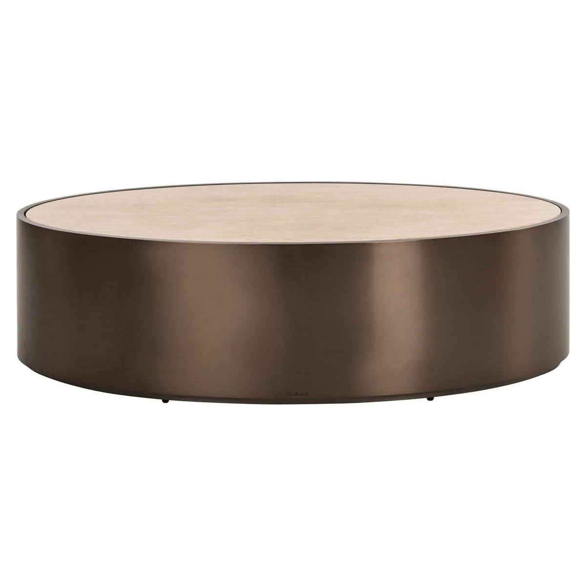Ovaler Couchtisch aus Bronze mit beiger Kunstmarmorplatte