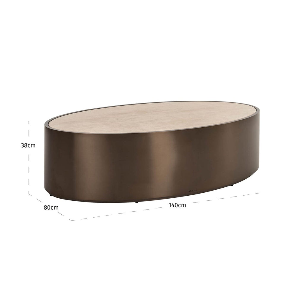 Ovaler Couchtisch aus Bronze mit beiger Kunstmarmorplatte