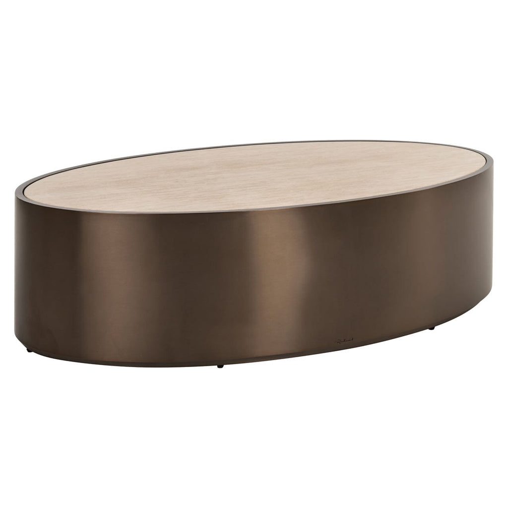 Ovaler Couchtisch aus Bronze mit beiger Kunstmarmorplatte