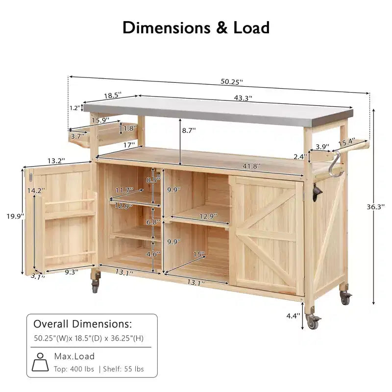 Okak Outdoor-Kücheninsel mit Edelstahlplatte, Holzküchenwagen mit Türen, Regalen und Gewürzregal, rollende Kücheninsel
