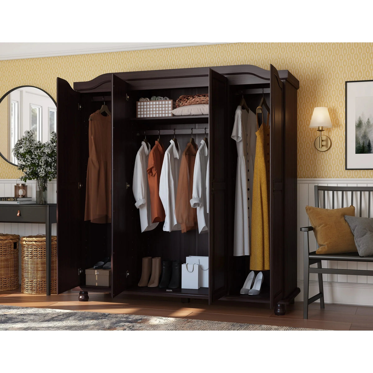 Palace Imports Kyle Kleiderschrank mit 4 Türen aus 100 % Massivholz und Massivholz- oder Spiegeltüren