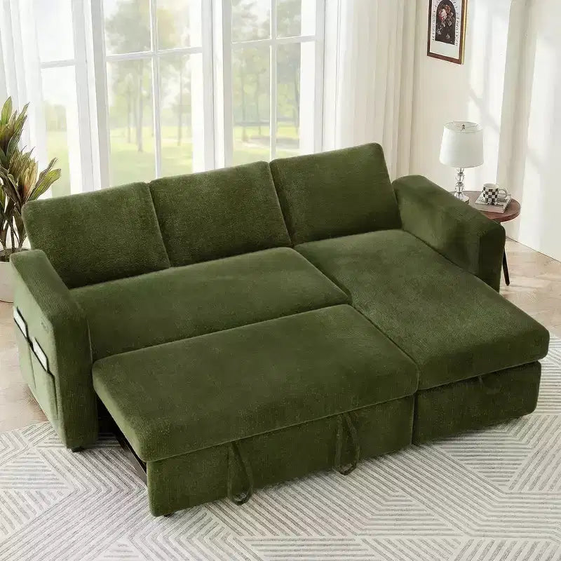 2-in-1 Schlafsofa zum Ausziehen mit Stauraum-Recamiere, Chenille-Ecksofa mit USB-Anschlüssen für das Wohnzimmer