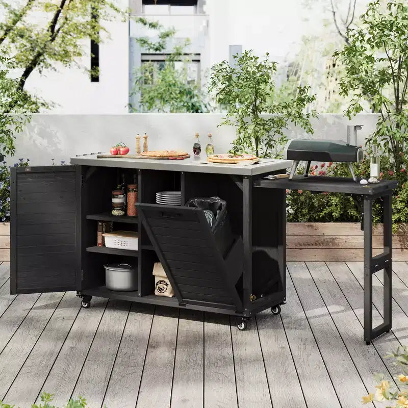 78,3 Zoll Outdoor-Kücheninsel mit Edelstahl-Arbeitsplatte, klappbarer Grillstation und Lagerschränken, Schwarz