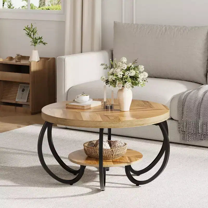 30 Zoll runder industrieller Couchtisch, 2-stöckig mit verstellbaren Füßen, Holzmaserungsablage, Flammendesign, einfache Montage, Wohnzimmer