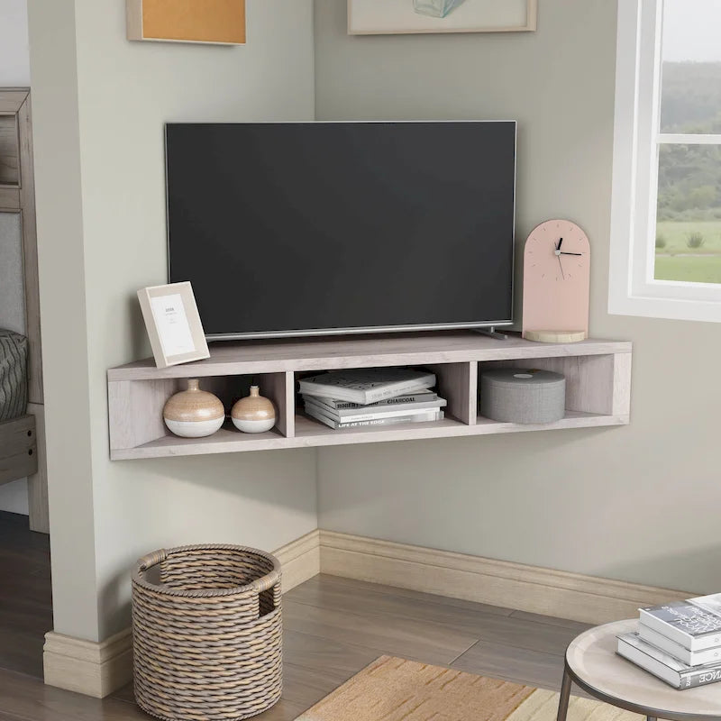 47 Eck-TV-Schrank, schwebend, 3 Ablagen, Transitional Style, platzsparende Wandmontage