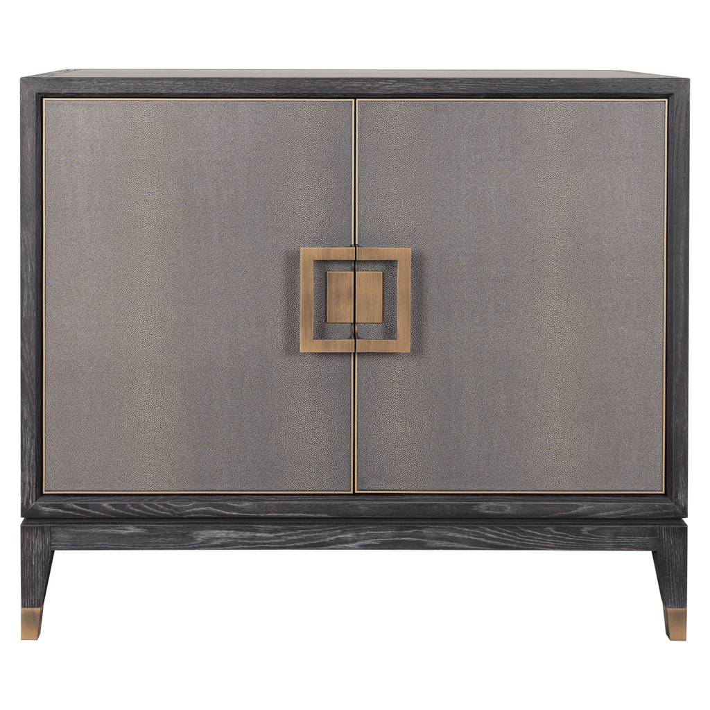 Sideboard aus schwarzem Holz und Rochenlederimitat mit zwei Türen und Messinggriffen